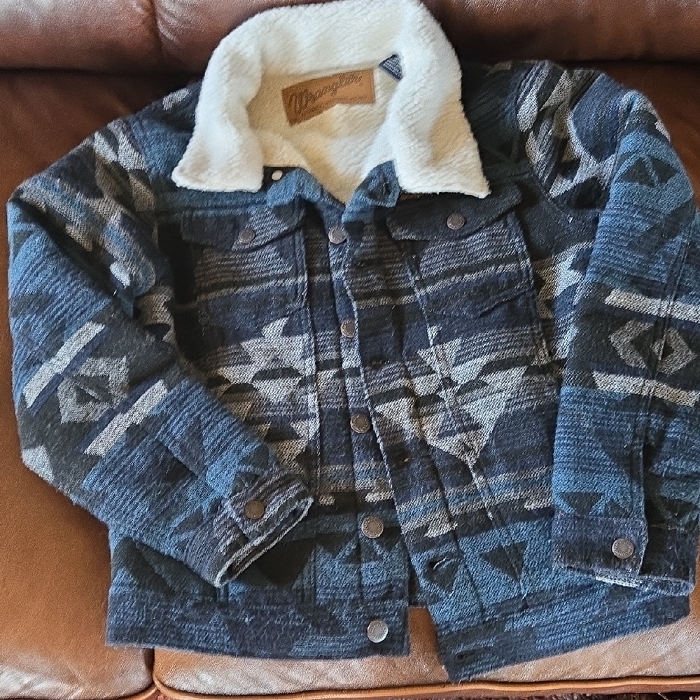 Wrangler Kids Blue Geometric Jean Jacket with Sherpa Collar